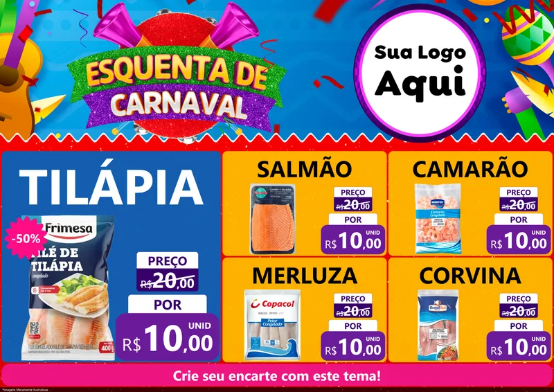 Modelo de Encarte para Encarte A4 Horizontal com o tema Esquenta de Carnaval para Peixaria