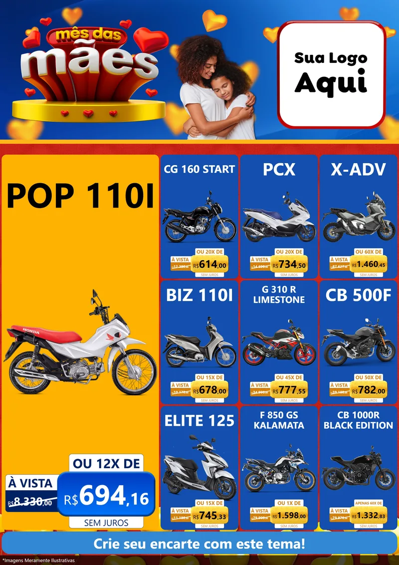 Modelo de Encarte para Encarte A4 Vertical com o tema Mês das Mães para Concessionaria de Motos
