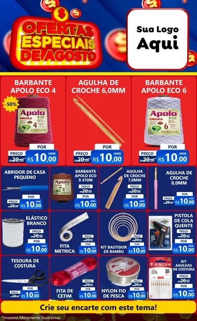 Modelo de Encarte para Encarte Grande com o tema Ofertas Especiais de Agosto para Armarinho e Aviamentos