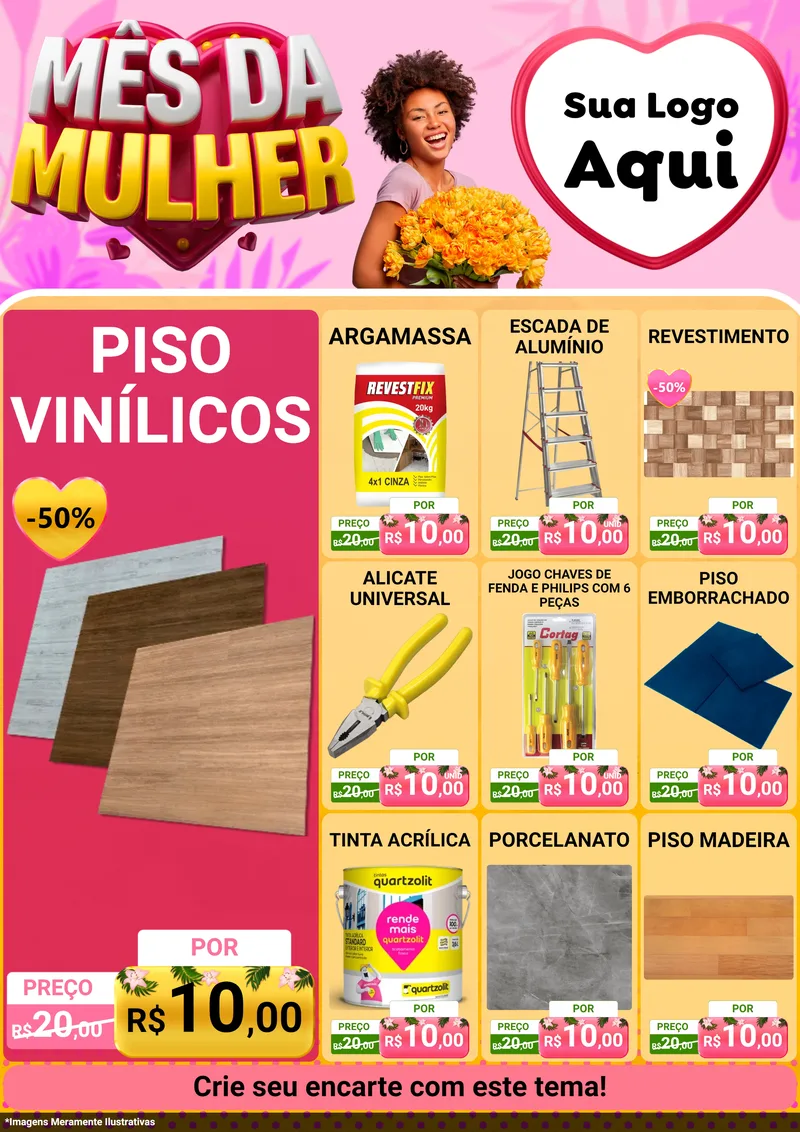 Modelo de Encarte para Encarte A4 Vertical com o tema Mês da Mulher para Material para Construção