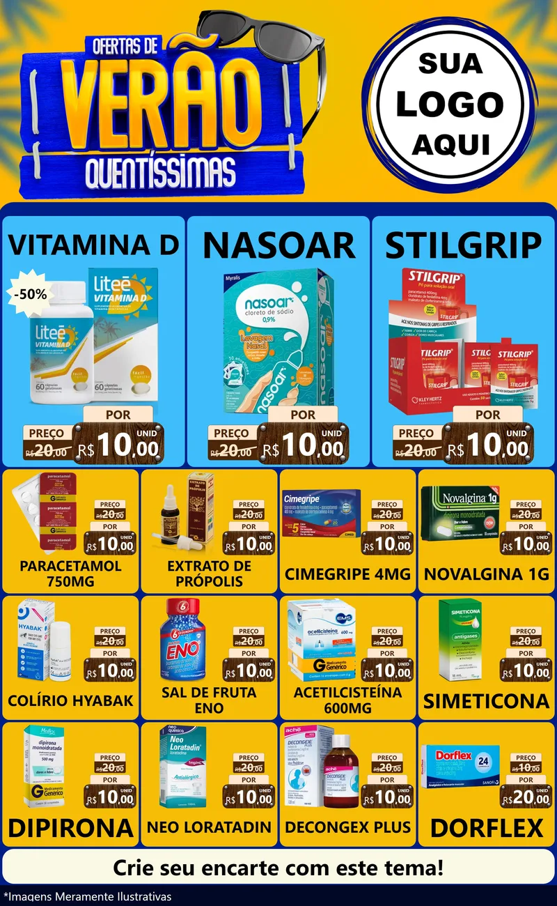 Modelo de Encarte para Encarte Grande com o tema Ofertas de Verão Quentíssimas para Farmácia