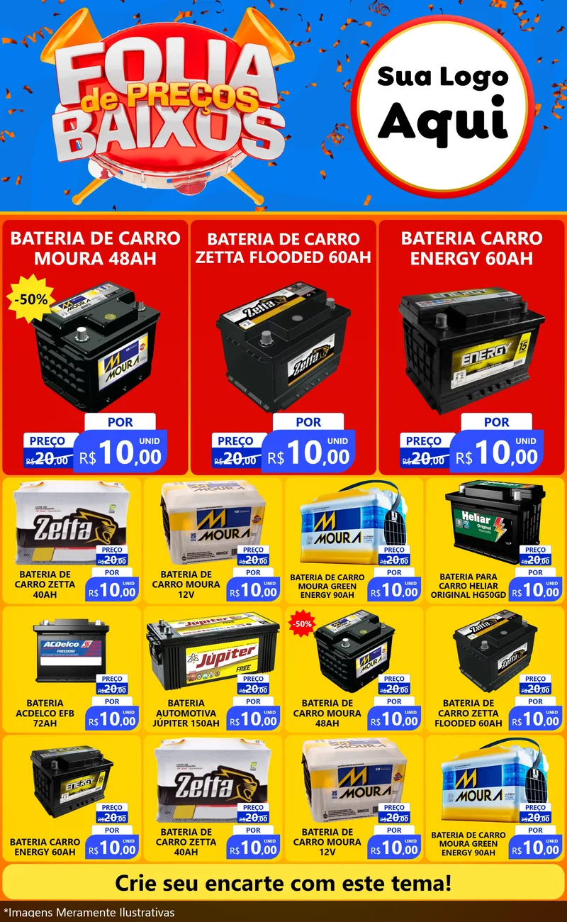 Modelo de Encarte para Encarte Grande com o tema Folia de Preços Baixos para Baterias Elétricas