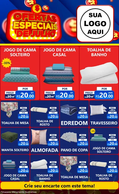 Modelo de Encarte para Encarte Grande com o tema Ofertas Especiais de Julho para Cama, Mesa e Banho