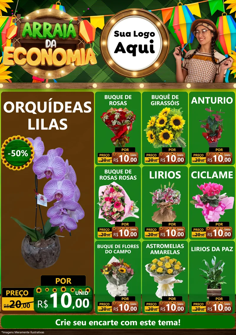 Modelo de Encarte para Encarte A4 Vertical com o tema Arraiá de Economia para Floricultura e jardim