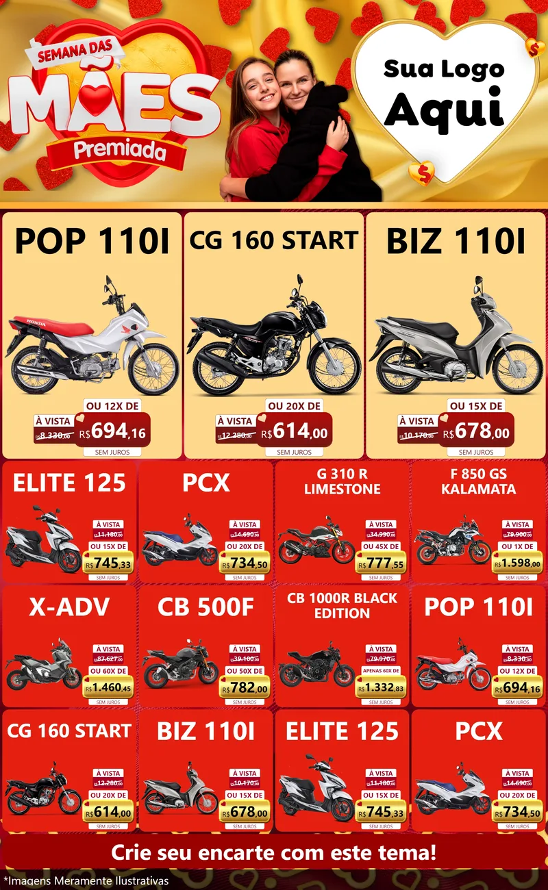 Modelo de Encarte para Encarte Grande com o tema Semana das Mães Premiada para Concessionaria de Motos