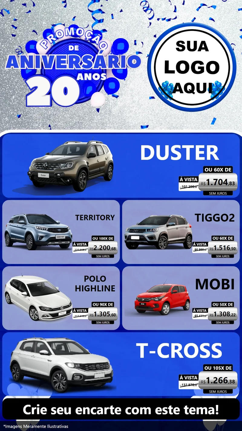 Modelo de TV para TV Vertical com o tema Promoção de Aniversário - 20 Anos para Concessionaria de Carros