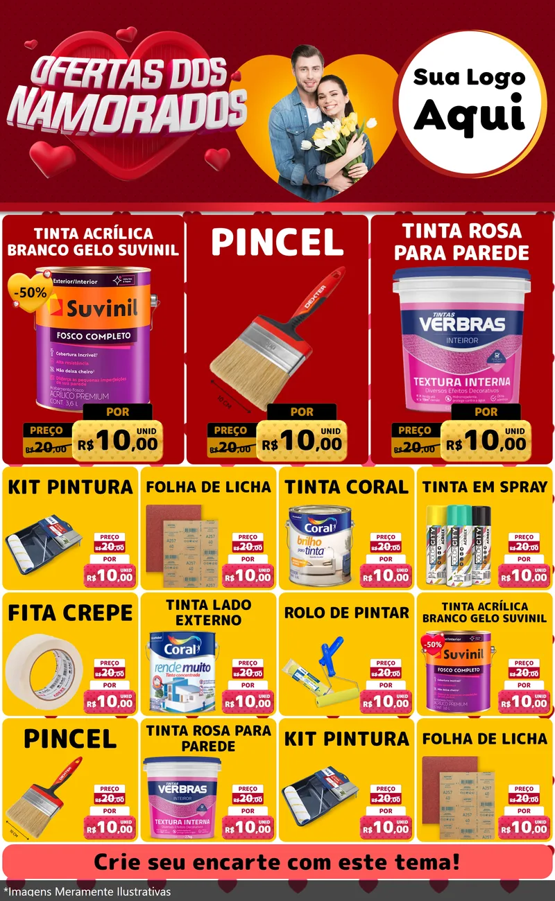 Modelo de Encarte para Encarte Grande com o tema Ofertas Dos Namorados para Tintas e Ferramentas