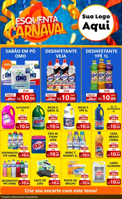 Modelo de Encarte para Encarte Grande com o tema Esquenta de Carnaval para Produtos de Limpeza