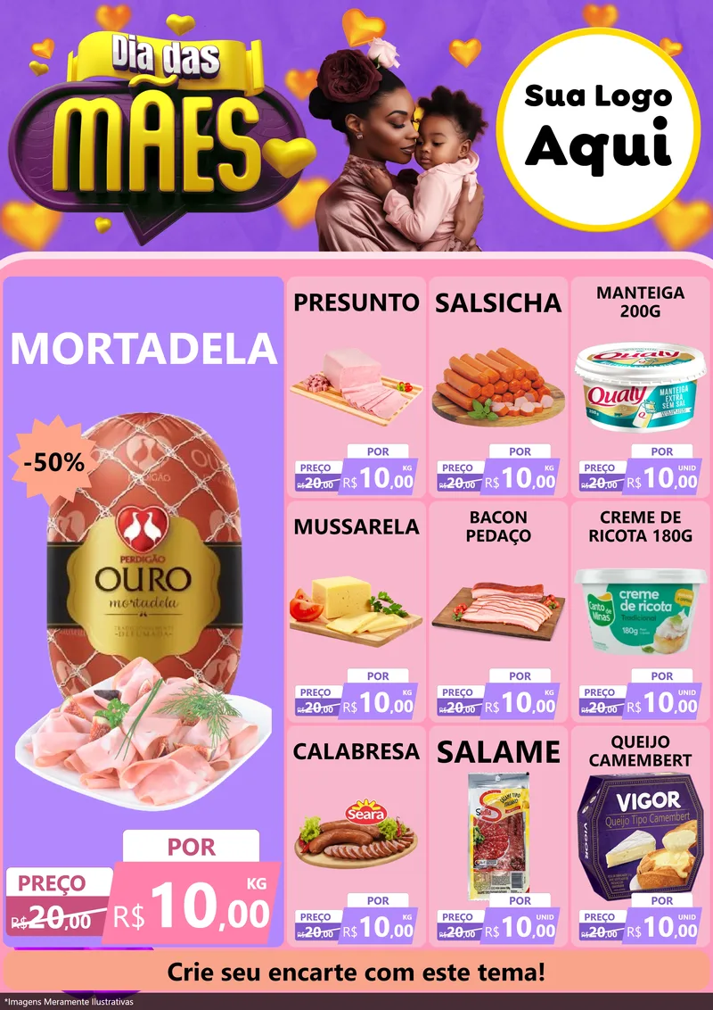 Modelo de Encarte para Encarte A4 Vertical com o tema Dia das Mães para Frios e Laticínios