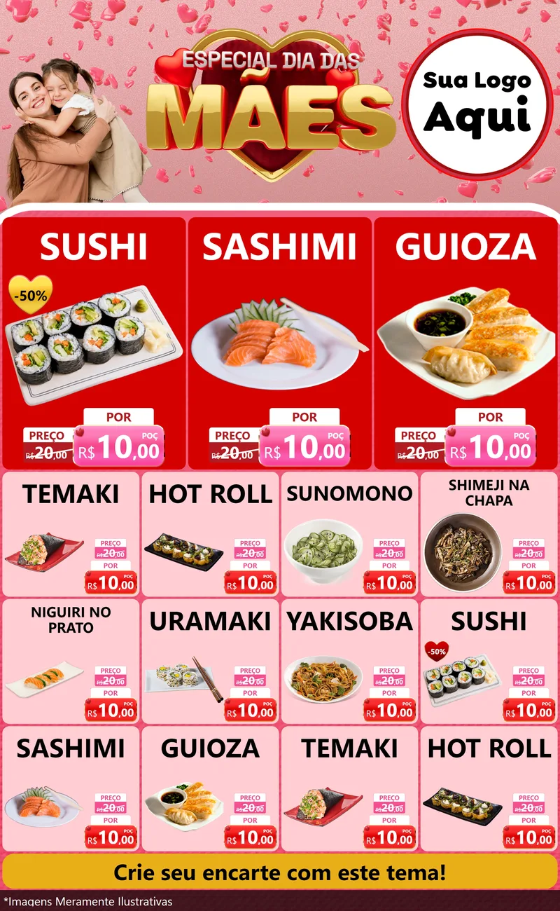 Modelo de Encarte para Encarte Grande com o tema Especial Dia Das Mães para Comida japonesa