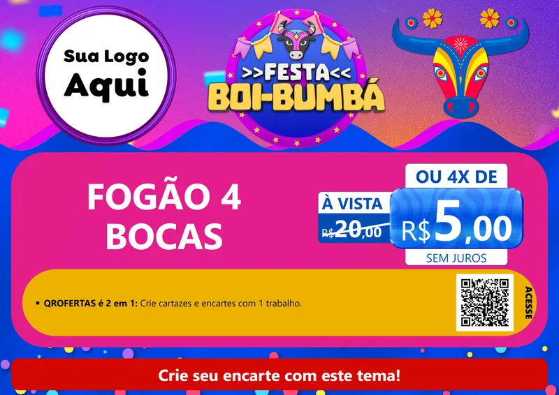 Modelo de Cartaz para Cartaz A4 Horizontal com o tema Festa Boi-Bumbá para Móveis e Eletro