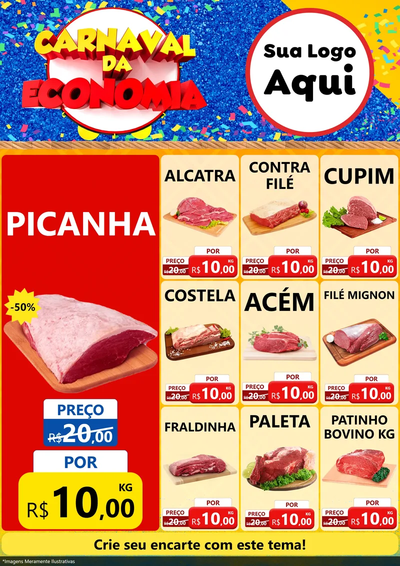 Modelo de Encarte para Encarte A4 Vertical com o tema Carnaval da Economia para Açougue