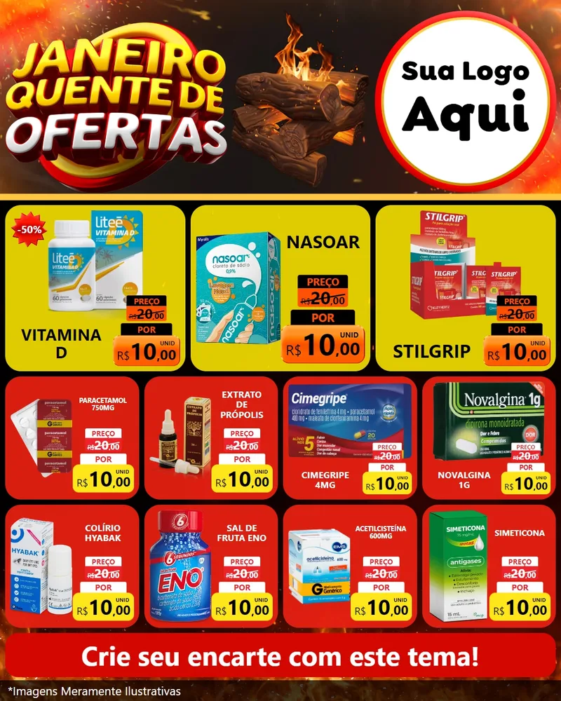 Modelo de Rede Social para Feed Instagram com o tema Janeiro Quente de Ofertas para Farmácia
