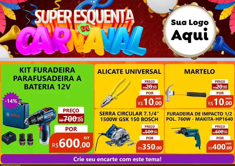 Modelo de Encarte para Encarte A4 Horizontal com o tema Super Esquenta de Carnaval para Maquinas e Ferramentas
