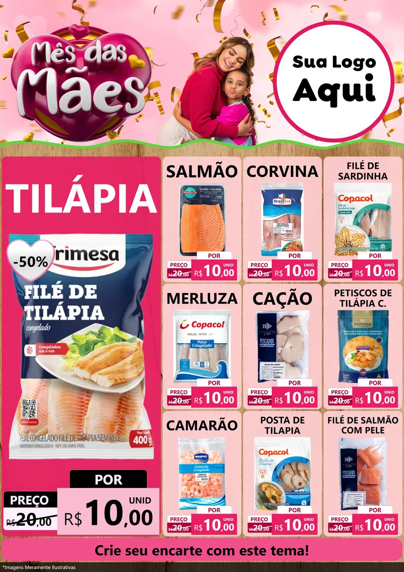 Modelo de Encarte para Encarte A4 Vertical com o tema Mês das Mães para Peixaria