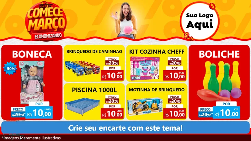 Modelo de TV para TV Horizontal com o tema Comece Março Economizando para Brinquedos