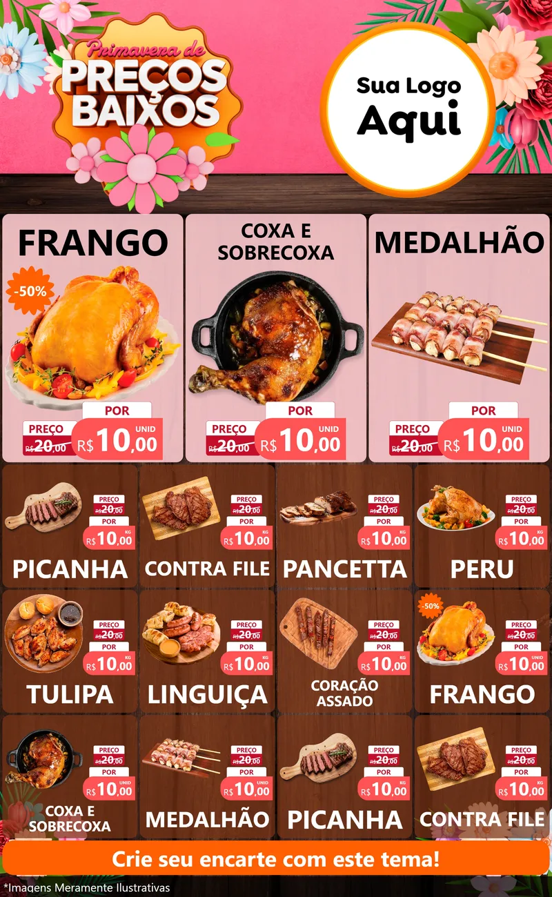 Modelo de Encarte para Encarte Grande com o tema Primavera de Preços Baixos para Assados