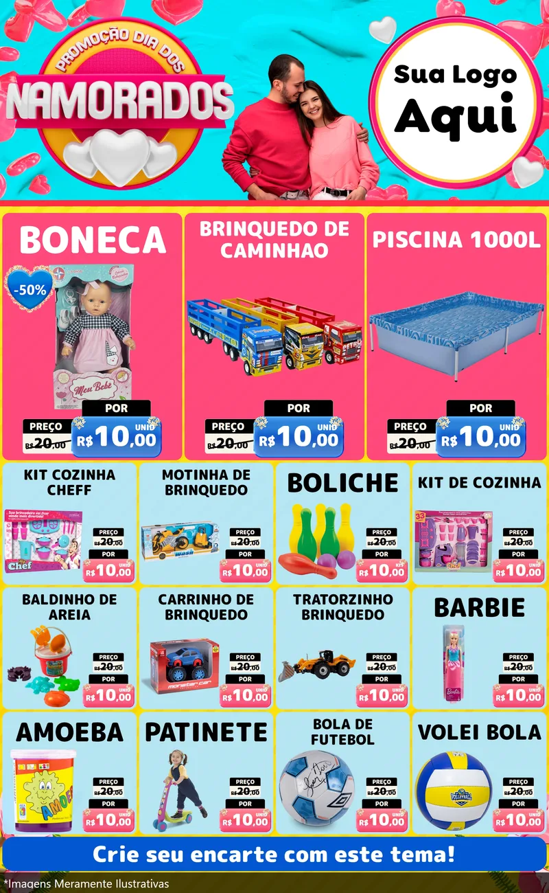 Modelo de Encarte para Encarte Grande com o tema Promoção Dia dos Namorados para Brinquedos