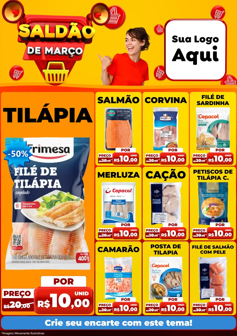 Modelo de Encarte para Encarte A4 Vertical com o tema Saldão de Março para Peixaria