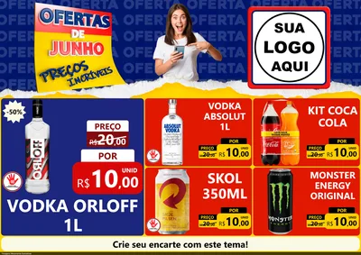 Modelo de Encarte para Encarte A4 Horizontal com o tema Ofertas de Junho - Preços Incríveis para Distribuidora de bebidas