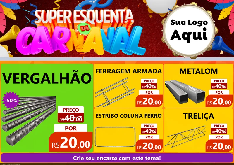 Modelo de Encarte para Encarte A4 Horizontal com o tema Super Esquenta de Carnaval para Ferragens