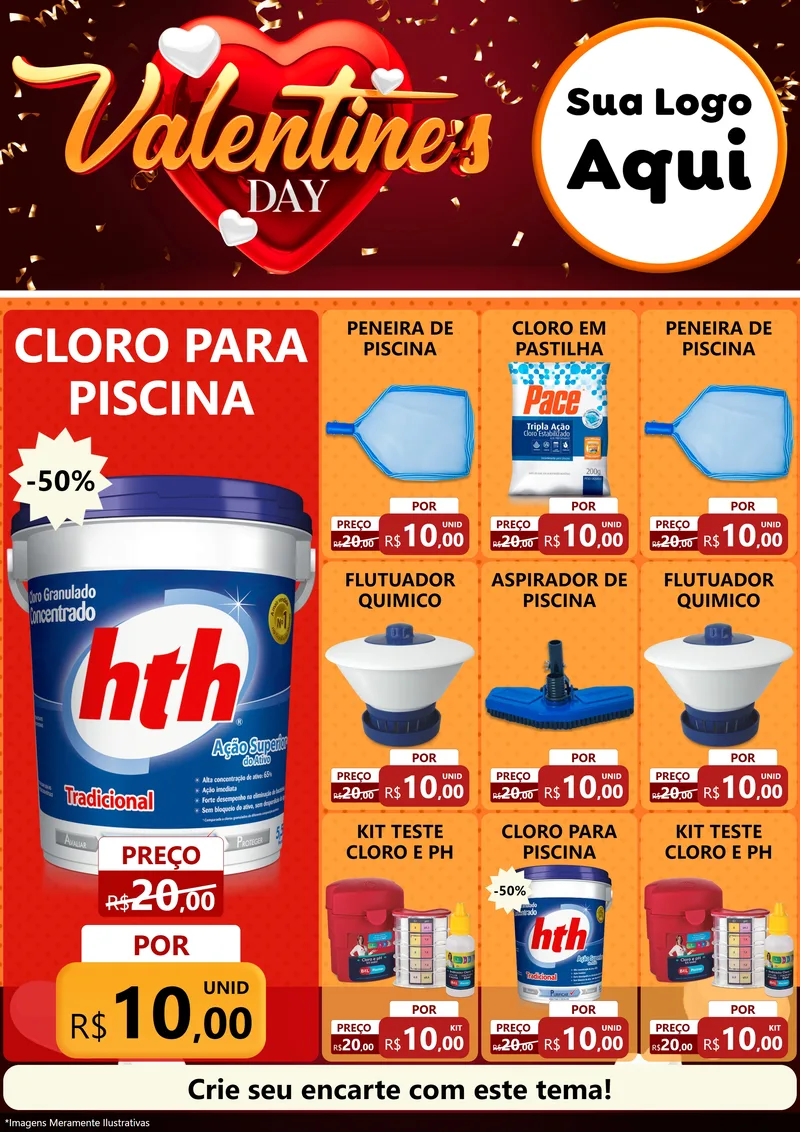 Modelo de Encarte para Encarte A4 Vertical com o tema Valentine's Day para Produtos para Piscina