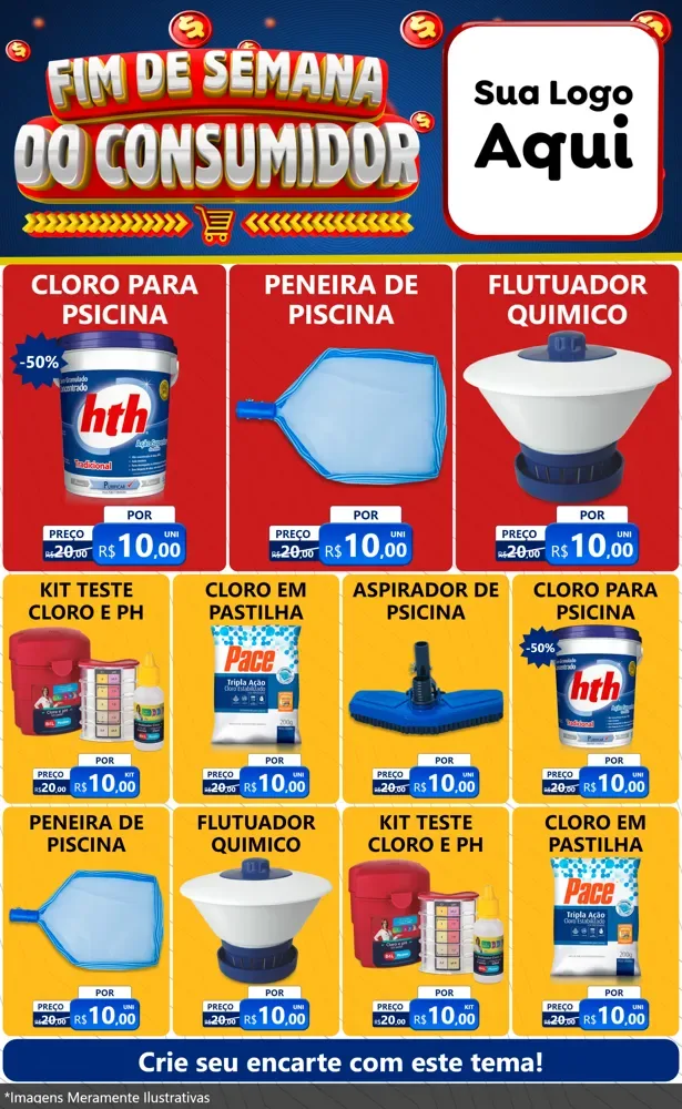 Modelo de Encarte para Encarte Grande com o tema Fim de Semana do Consumidor para Produtos para Piscina
