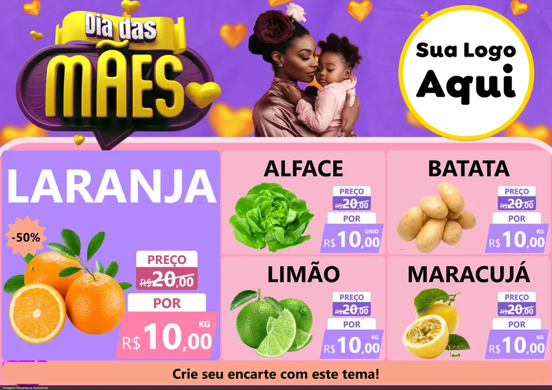 Modelo de Encarte para Encarte A4 Horizontal com o tema Dia das Mães para Hortifrúti