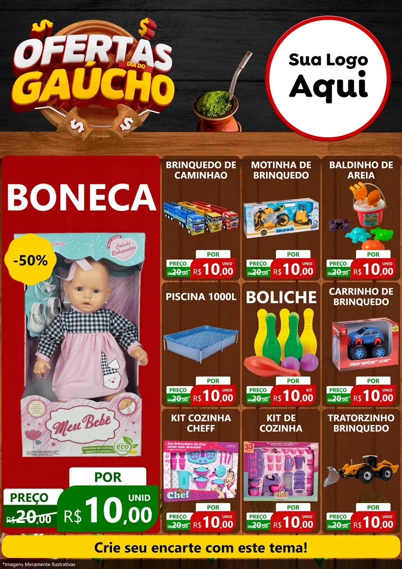 Modelo de Encarte para Encarte A4 Vertical com o tema Ofertas Dia do Gaúcho para Brinquedos