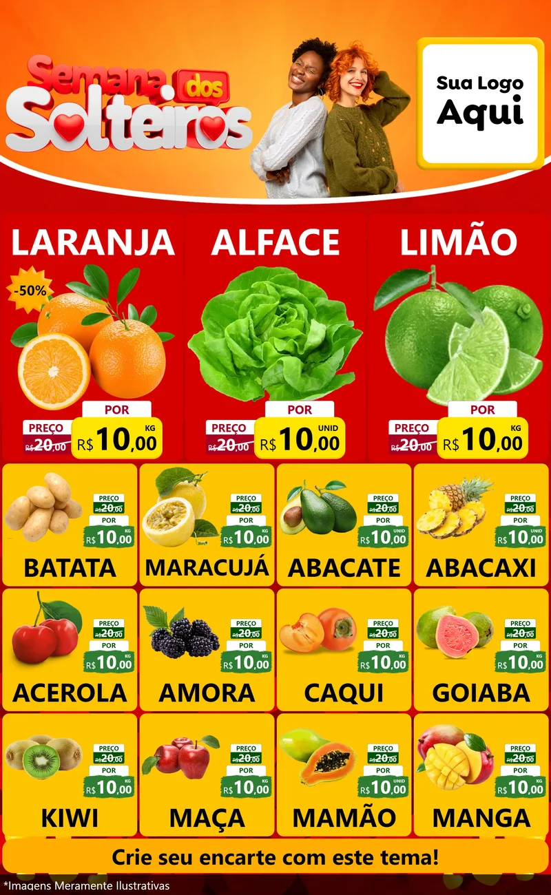 Modelo de Encarte para Encarte Grande com o tema Semana dos Solteiros para Hortifrúti