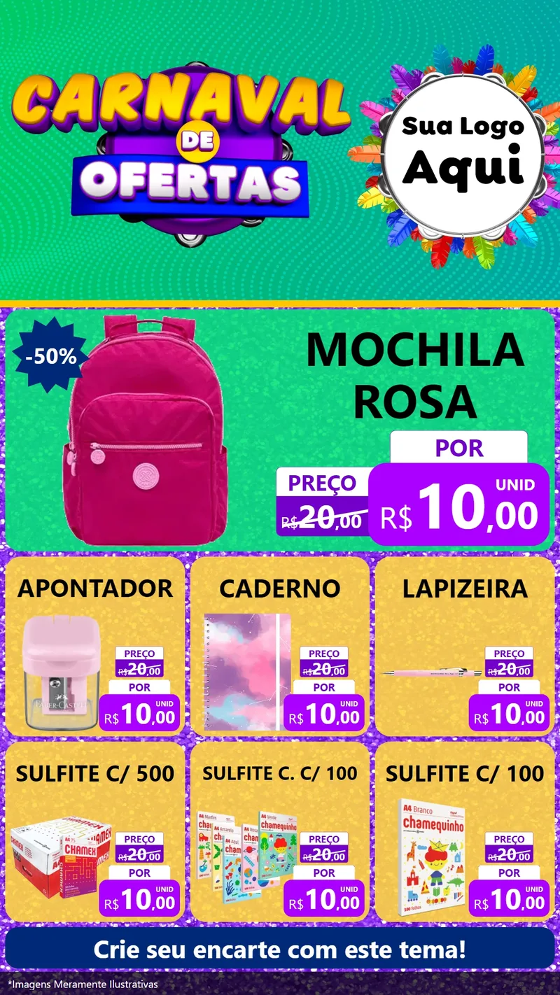 Modelo de Rede Social para Stories com o tema Carnaval de Ofertas para Papelaria
