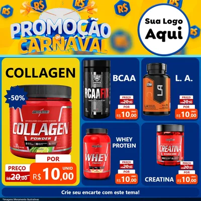 Modelo de Rede Social para Feed Facebook com o tema Promoção de Carnaval para Suplementos alimentares