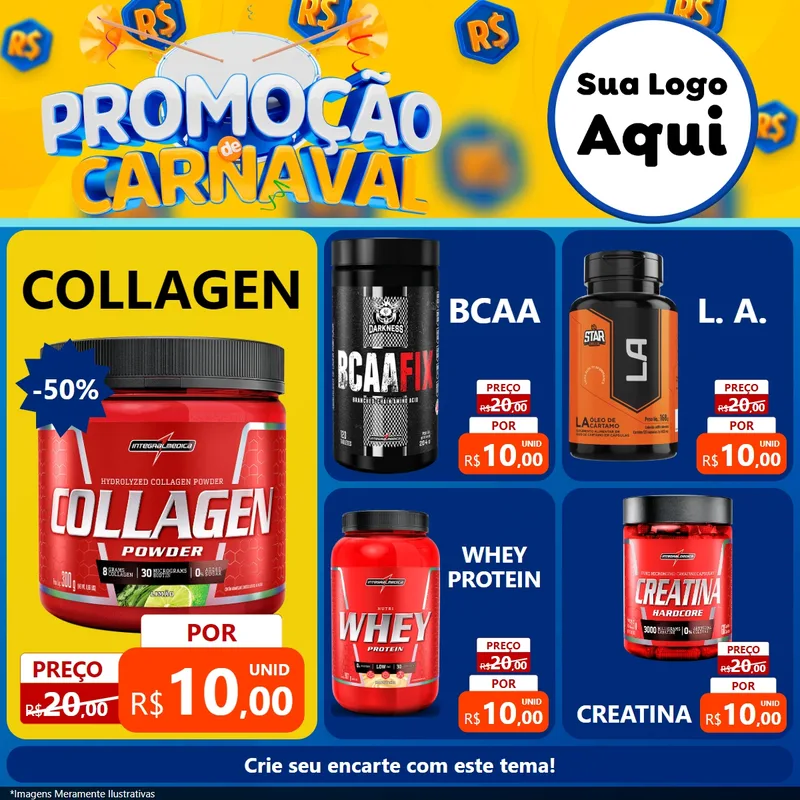 Modelo de Rede Social para Feed Facebook com o tema Promoção de Carnaval para Suplementos alimentares