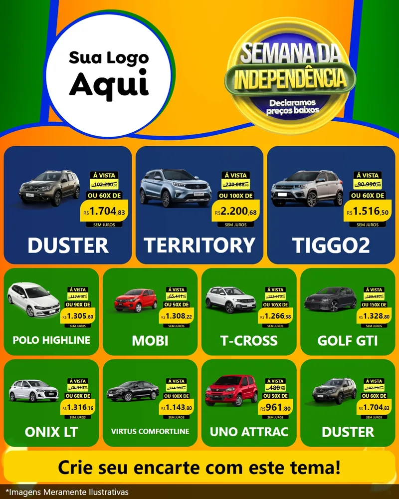 Modelo de Rede Social para Feed Instagram com o tema Semana da Independência Declaramos Preços Baixos para Concessionaria de Carros