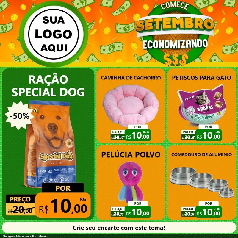 Modelo de Rede Social para Feed Facebook com o tema Comece Setembro Economizando para Pet Shop