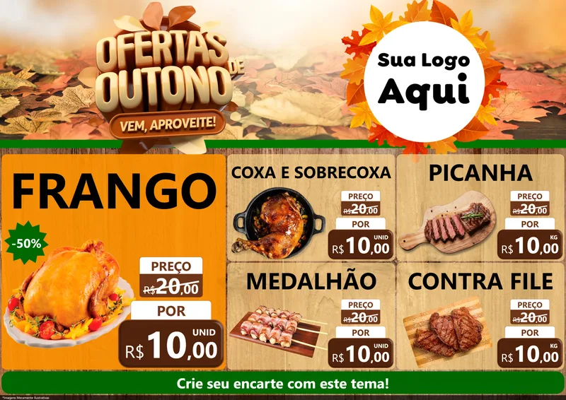 Modelo de Encarte para Encarte A4 Horizontal com o tema Ofertas de Outono - Vem, Aproveite! para Assados