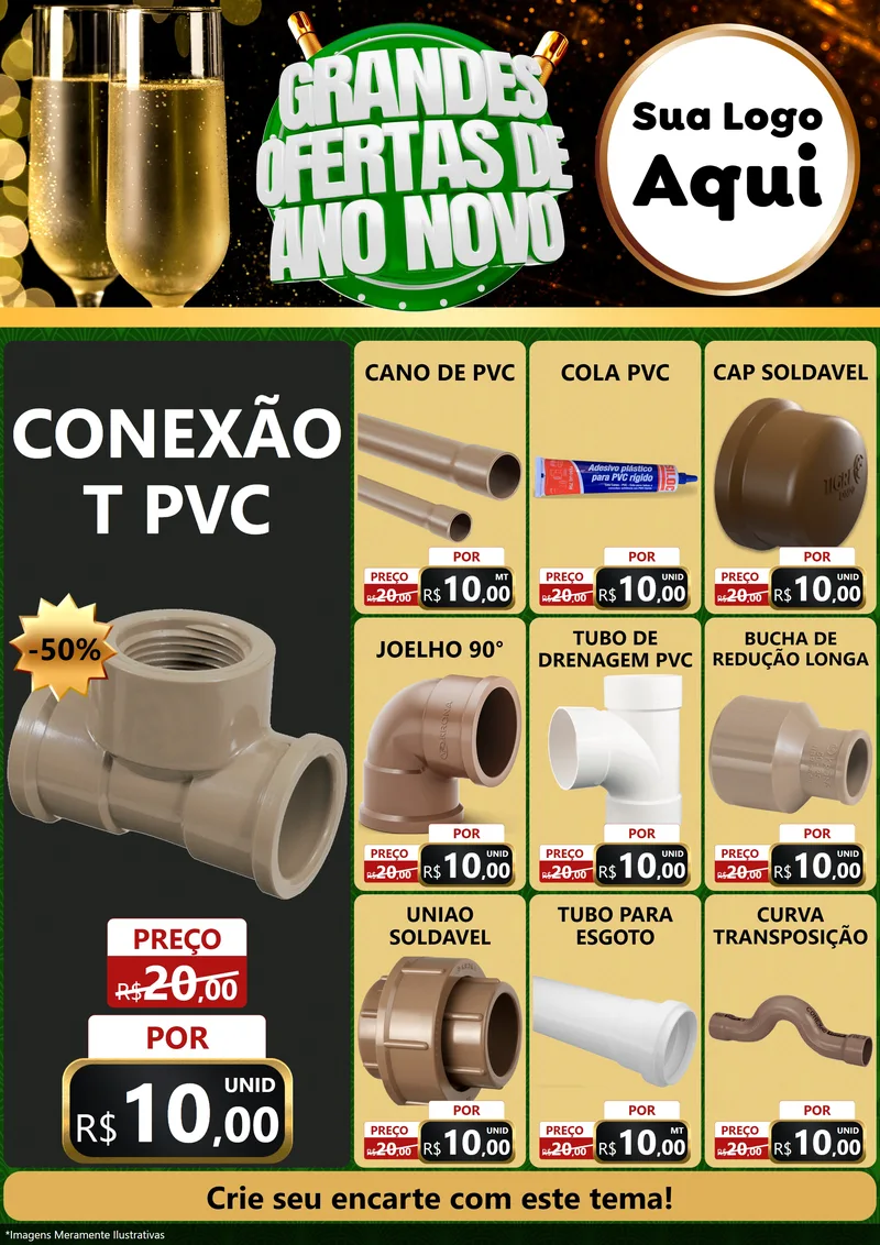 Modelo de Encarte para Encarte A4 Vertical com o tema Grandes Ofertas de Ano Novo para Tubos e conexões
