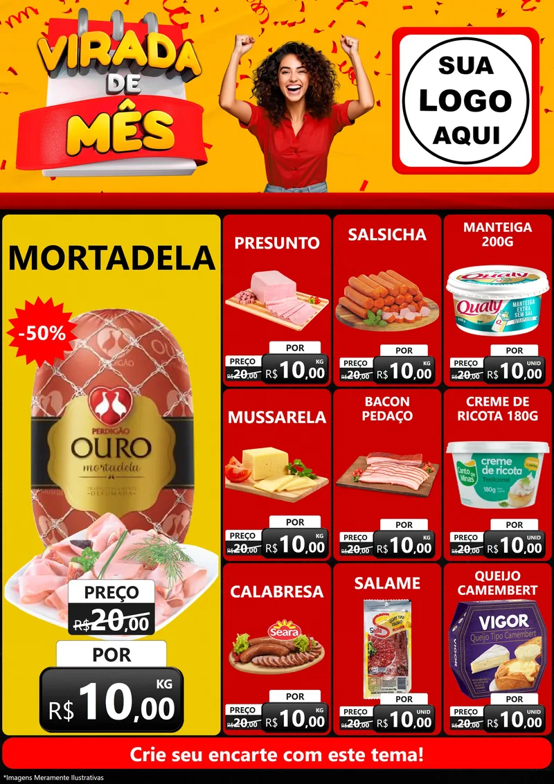Modelo de Encarte para Encarte A4 Vertical com o tema Virada de Mês para Frios e Laticínios