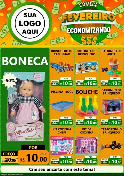 Modelo de Encarte para Encarte A4 Vertical com o tema Comece Fevereiro Economizando para Brinquedos