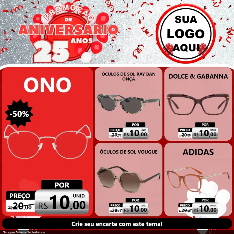 Modelo de Rede Social para Feed Facebook com o tema Promoção de Aniversário - 25Anos para Óticas