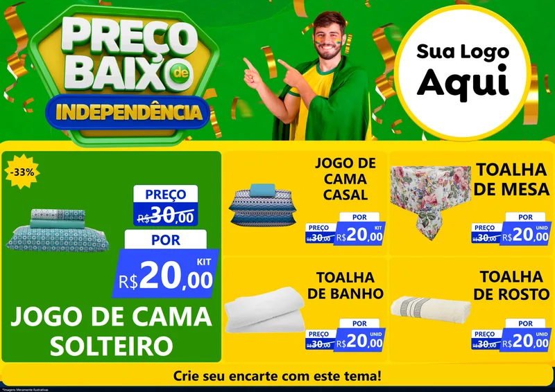 Modelo de Encarte para Encarte A4 Horizontal com o tema Preço Baixo de Independência para Cama, Mesa e Banho