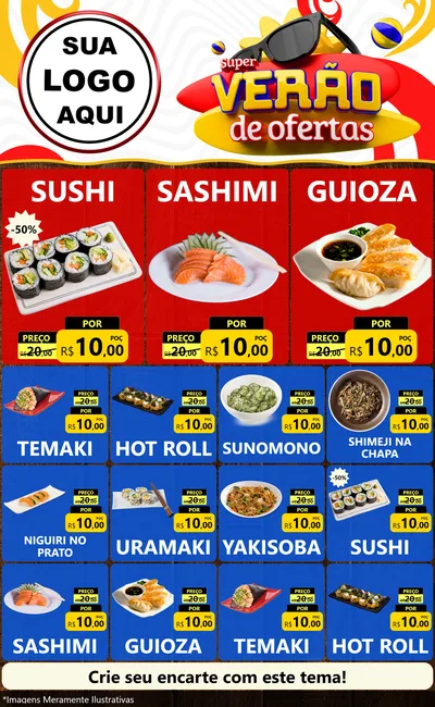 Modelo de Encarte para Encarte Grande com o tema Super Verão de Ofertas para Comida japonesa