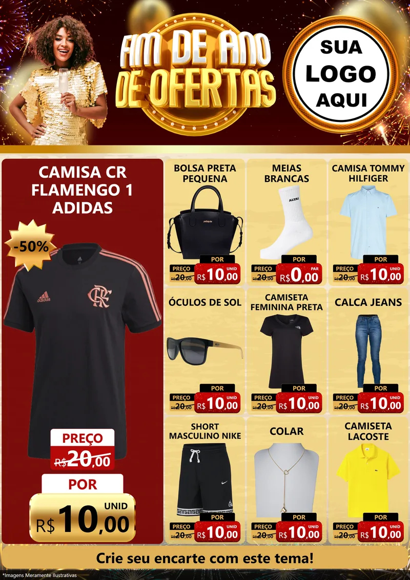 Modelo de Encarte para Encarte A4 Vertical com o tema Fim de Ano de Ofertas para Roupas e acessórios