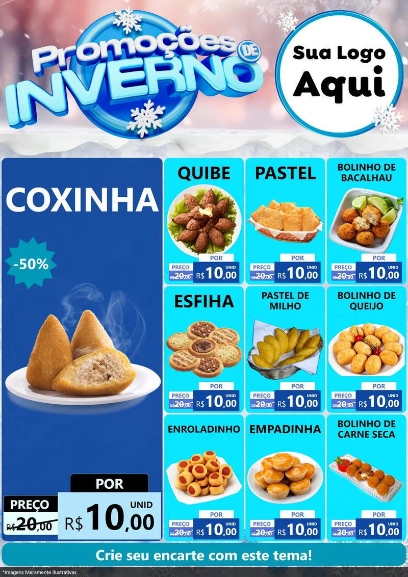 Modelo de Encarte para Encarte A4 Vertical com o tema Promoções de Inverno para Salgadaria