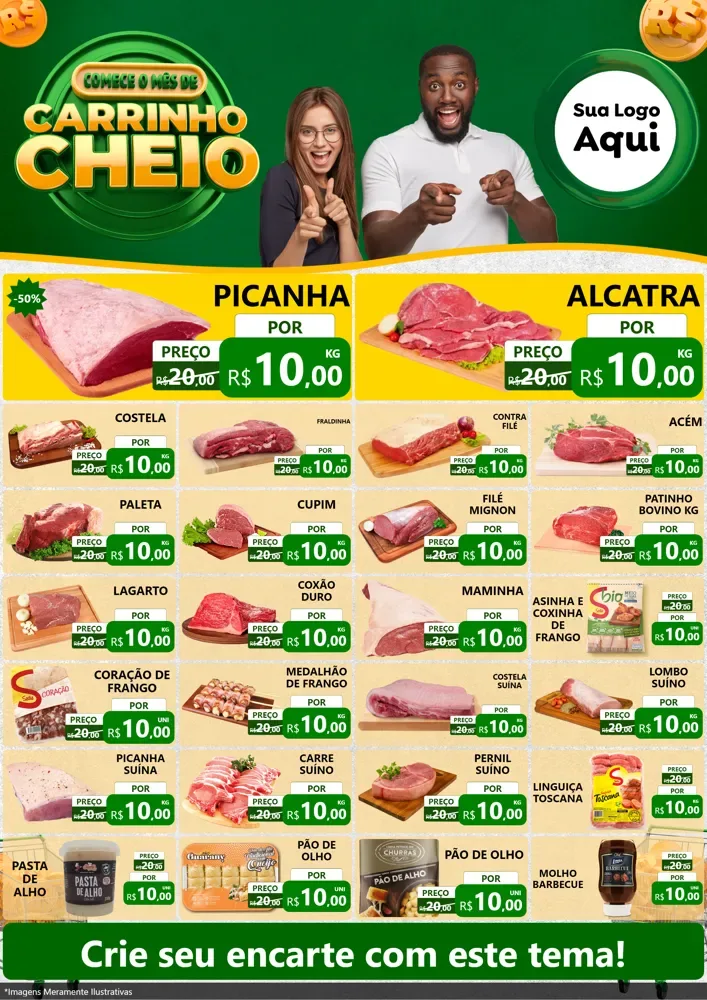Modelo de Encarte para Encarte A4 Vertical com o tema Carrinho Cheio para Açougue