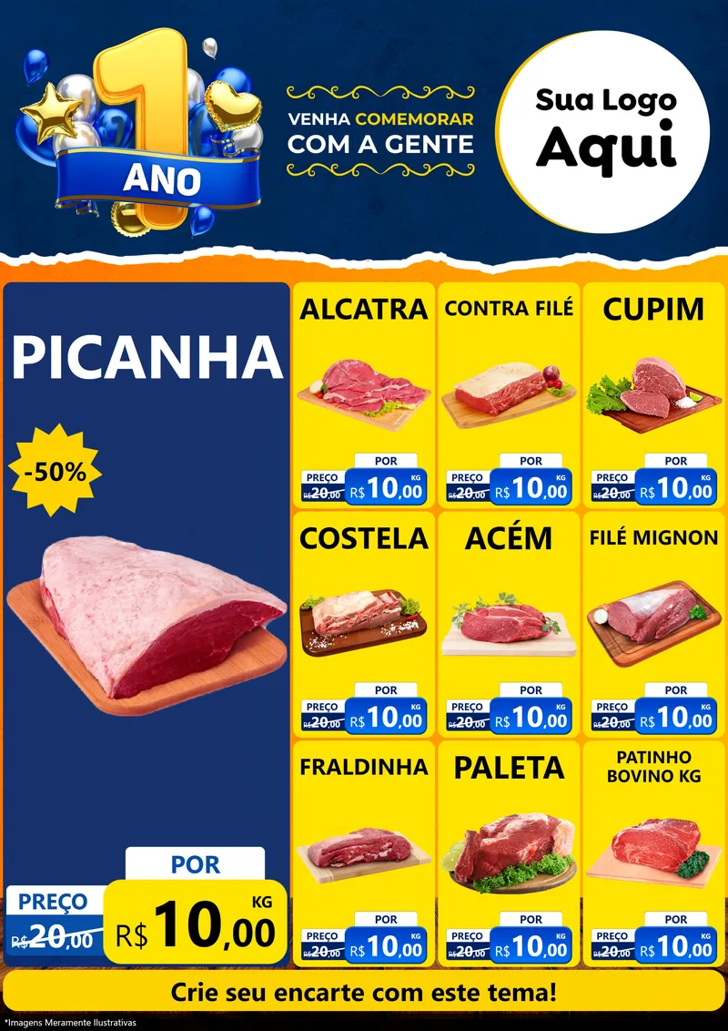 Modelo de Encarte para Encarte A4 Vertical com o tema Um Ano de Aniversário para Açougue