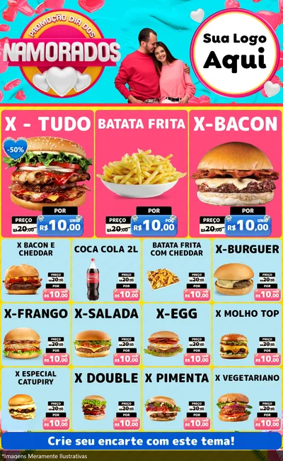 Modelo de Encarte para Encarte Grande com o tema Promoção Dia dos Namorados para Hamburgueria