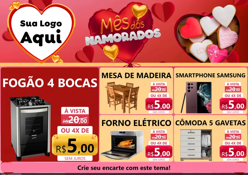 Modelo de Encarte para Encarte A4 Horizontal com o tema Mês dos Namorados para Móveis e Eletro