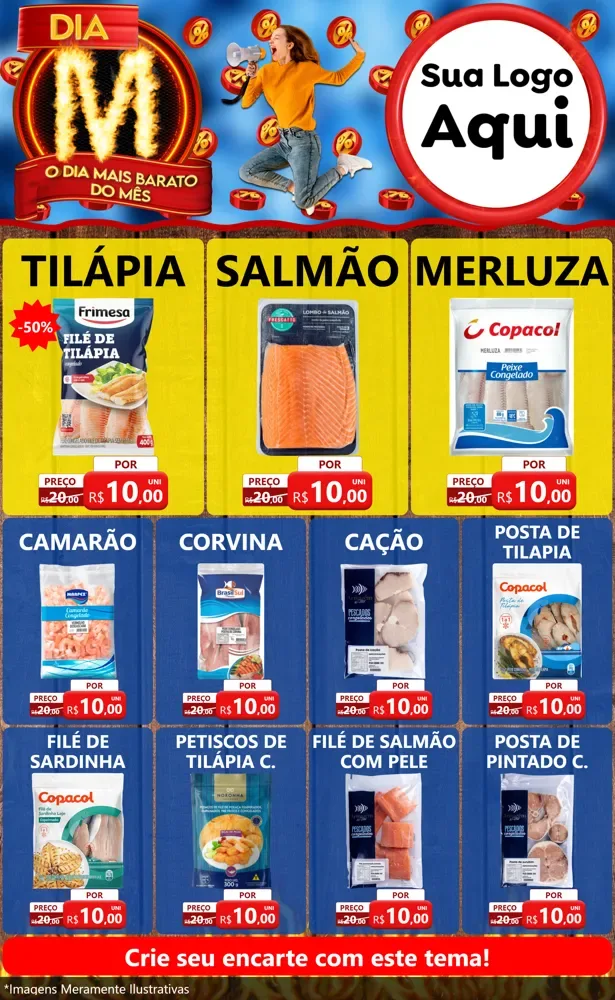 Modelo de Encarte para Encarte Grande com o tema Dia M - O Dia Mais Barato Do Mês para Peixaria