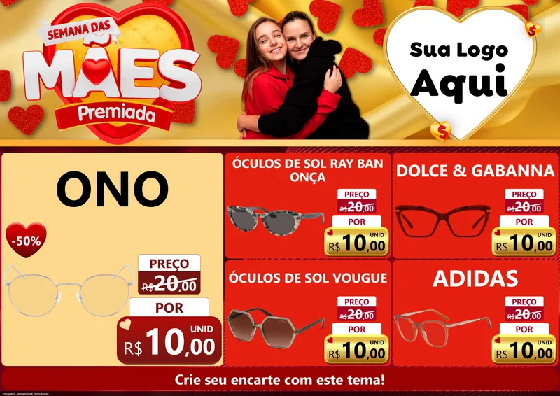 Modelo de Encarte para Encarte A4 Horizontal com o tema Semana das Mães Premiada para Óticas